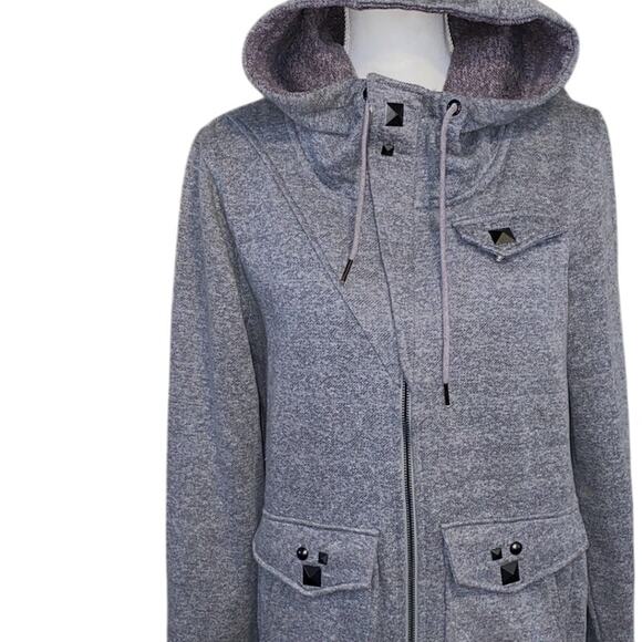 Volcom y2k 2000s Womens Hoodie Gray Size Large Metal Accent Long Jacket Full Zip - Picture 1 of 15